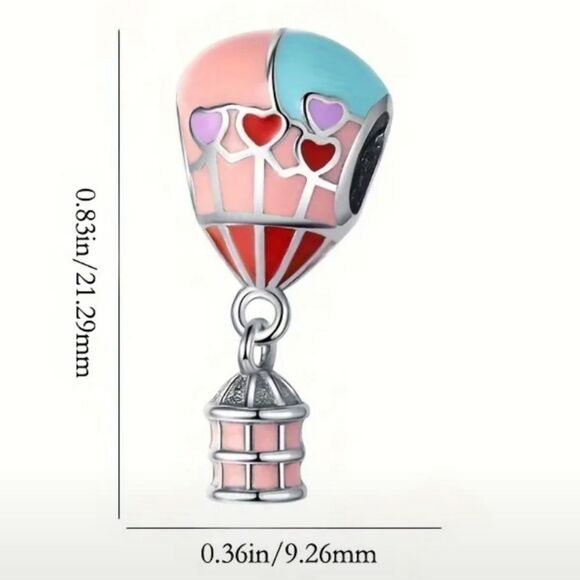 Hot Air Balloon Charm S925 Sterling Silver Pink Hearts Slide-On Bracelet Pendant - Picture 5 of 9
